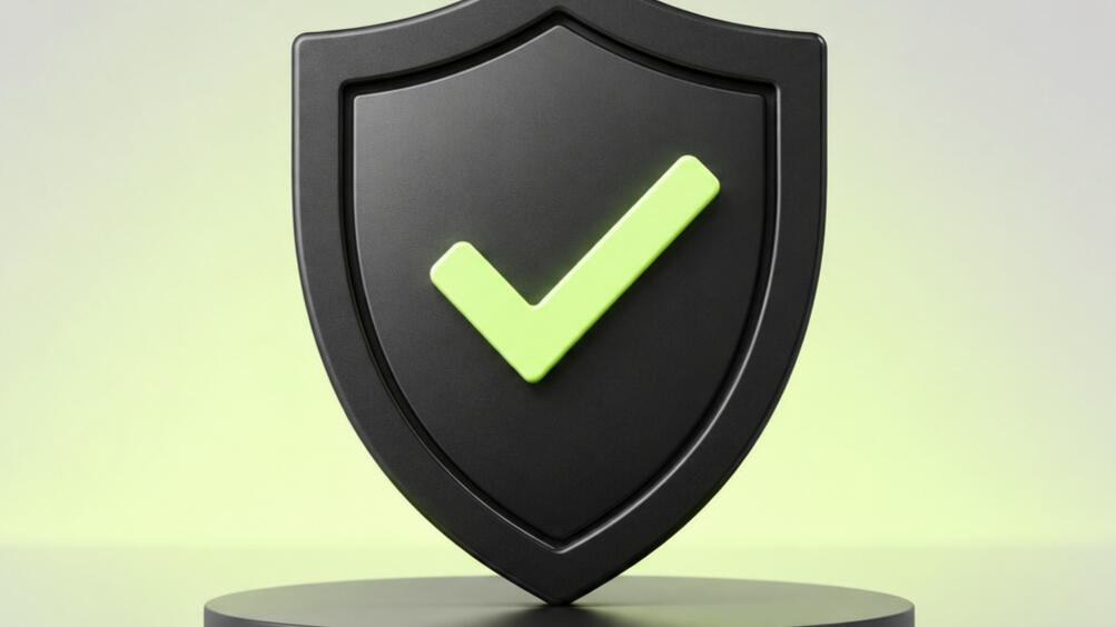 Black protective shield with a green check mark representing warranty reassurance